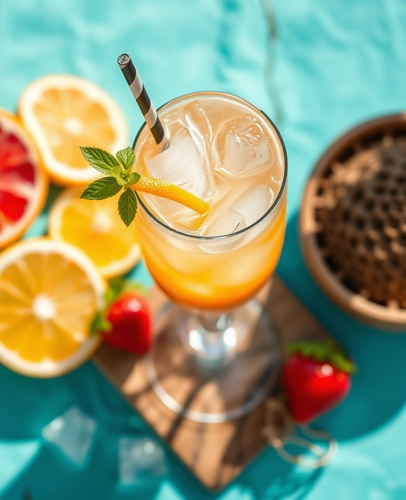 Island rum punch cocktail with clear ice and citrus garnish