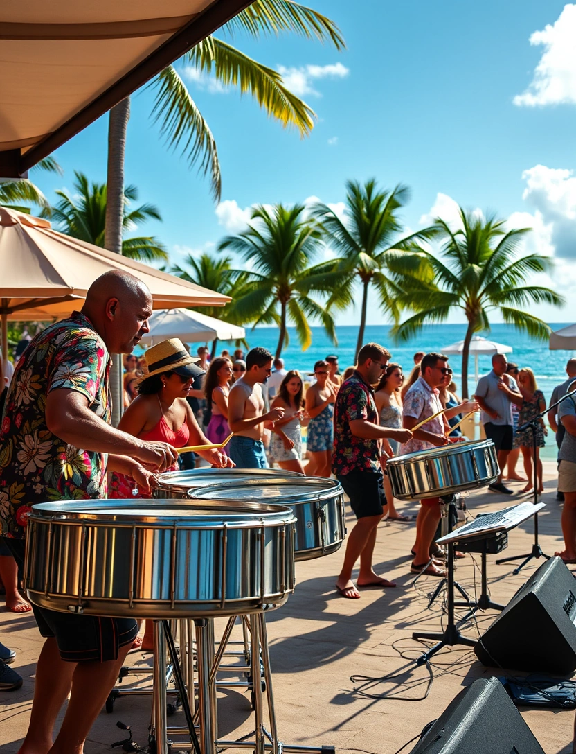 Live Caribbean band performing at beachfront stage