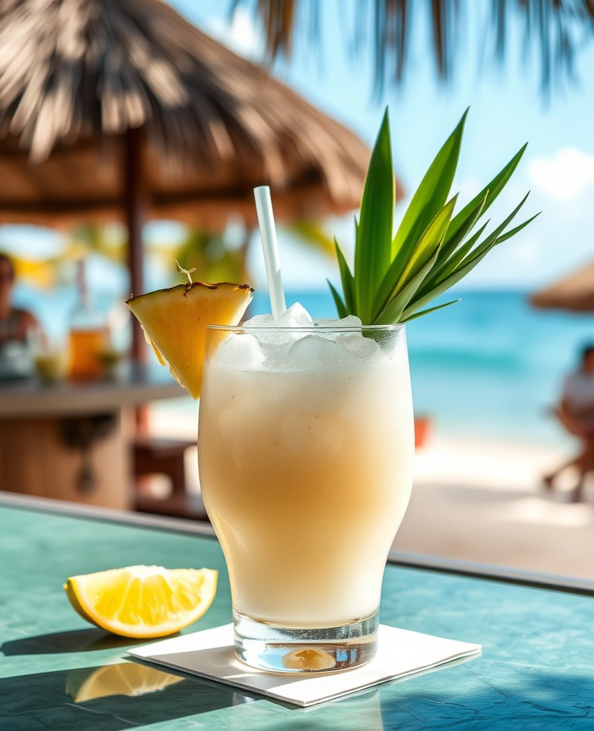 Coconut rum cocktail with pineapple garnish
