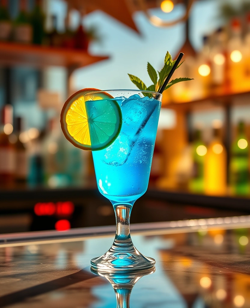 Blue lagoon cocktail with electric turquoise color